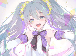 Rule 34 | 1girl, :d, blue eyes, blue hair, blush, detached sleeves, floating hair, gin (oyoyo), grey hair, hair between eyes, hatsune miku, highres, long hair, looking at viewer, open mouth, outstretched arms, shoulder tattoo, sidelocks, smile, solo, tattoo, teeth, twintails, upper body, vocaloid