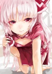 Rule 34 | 1girl, alternate costume, bow, breasts, china dress, chinese clothes, crawling, dress, fujiwara no mokou, hair bow, hand in own hair, hime cut, indoors, looking at viewer, pelvic curtain, red dress, red eyes, sidelocks, silver hair, sinzan, small breasts, smile, solo, touhou