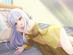 Rule 34 | 1girl, :d, assault lily, bare shoulders, bed, blunt bangs, breasts, collarbone, commentary request, commission, cowboy shot, curtains, dress, earrings, frilled pillow, frills, grey hair, hair down, highres, indoors, jewelry, kon kanaho, light particles, long hair, long sleeves, looking at viewer, lying, medium breasts, nightgown, on bed, on side, open clothes, open mouth, open robe, piatin, pillow, robe, short dress, sidelocks, skeb commission, sleeveless, sleeveless dress, smile, solo, spaghetti strap, sunlight, yellow dress, yellow eyes, yellow robe