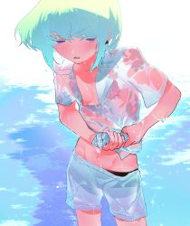 Rule 34 | 1boy, androgynous, fire, green fire, green hair, highres, km (ksolee1201), lio fotia, looking at viewer, male focus, promare, shirt, short hair, shorts, solo, water, wet