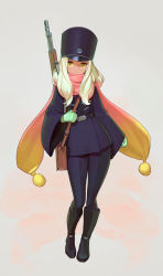 Rule 34 | 1girl, bag, blonde hair, boots, commentary, contrapposto, dark-skinned female, dark skin, english commentary, expressionless, flat chest, full body, grey background, gun, hat, highres, knee boots, military, military hat, military uniform, mittens, original, pants, rifle, satchel, scarf, sniper rifle, solo, timbougami, uniform, weapon, weapon on back, wide sleeves, yellow eyes