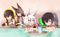 Rule 34 | 4girls, ^^^, akagi (kancolle), animal ears, azur lane, bath, bathing, black hair, blue eyes, bottle, breasts, brown eyes, brown hair, bucket, cannon, cleavage, closed mouth, cola, collarbone, crossover, eyes visible through hair, fallout (series), fox ears, fox tail, fujikusa, hair ornament, hair ribbon, hand on own chest, hand up, highres, historical name connection, holding, holding bottle, kaga (azur lane), kaga (kancolle), kantai collection, long hair, looking at another, medium breasts, multiple girls, name connection, nuka cola quantum, open mouth, ribbon, short hair, side ponytail, sidelocks, simple background, small breasts, smile, symbol-shaped pupils, tail, towel, white hair
