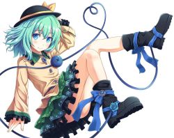 Rule 34 | 1girl, akashio (loli ace), bad id, bad twitter id, blue eyes, boots, bow, eyeball, female focus, full body, green hair, hat, hat ribbon, heart, heart of string, knees up, komeiji koishi, long sleeves, looking at viewer, no panties, ribbon, short hair, simple background, skirt, smile, solo, third eye, touhou, white background, wide sleeves