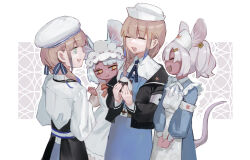 Rule 34 | 1other, 3girls, adapted costume, animal ears, apron, aqua eyes, armband, baker nemo (fate), black jacket, blue dress, blue ribbon, blush, braid, closed eyes, colored tips, daikokuten (fate), dark-skinned female, dark skin, dress, facing another, fate/grand order, fate (series), flying sweatdrops, food, hair ribbon, hairband, half-closed eyes, highres, jacket, light blush, light brown hair, lolita hairband, mouse ears, mouse girl, mouse tail, multicolored hair, multiple girls, neck ribbon, nemo (fate), nurse nemo (fate), onigiri, open clothes, open jacket, open mouth, outline, red eyes, red ribbon, ribbon, shirt, sidelocks, simple background, smile, tail, two side up, ubwmitekure, white apron, white hair, white headwear, white outline, white ribbon, white shirt, yellow pupils