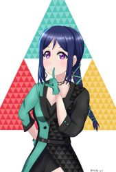 Rule 34 | 1girl, absurdres, alternate hairstyle, artist name, artist request, azalea (love live!), belt, black belt, black choker, black dress, black shorts, blue hair, blush, breasts, buttons, choker, cleavage, dress, female focus, finger to mouth, gloves, green dress, green gloves, hair between eyes, hand on own hip, high ponytail, highres, himitsu no story (love live!), in the dark (love live!), long hair, looking at viewer, love live!, love live! school idol festival, love live! sunshine!!, matsuura kanan, medium breasts, parted lips, ponytail, purple eyes, short dress, short sleeves, shorts, shorts under dress, smile, solo, the secret story (love live!), two-tone dress, white background