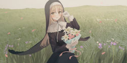 Rule 34 | 1girl, :d, absurdres, black dress, blush, bouquet, brown eyes, brown hair, chihuri, commentary request, day, dress, field, flower, gloves, habit, hair between eyes, hand up, highres, holding, holding bouquet, long hair, long sleeves, looking at viewer, nijisanji, nun, open mouth, outdoors, pink flower, pink rose, purple flower, rose, sister claire, sister claire (1st costume), smile, solo, standing, traditional nun, very long hair, virtual youtuber, white flower, white gloves