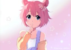 Rule 34 | 1girl, artist name, bare shoulders, blue eyes, blurry, blush, closed mouth, eyebrows, eyelashes, finger to mouth, gradient background, hair flaps, hair ornament, hairpin, hyanna-natsu, index finger raised, jacket, jacket off shoulders, looking at viewer, off shoulder, original, overalls, pink hair, shirt, short hair, shushing, simple background, sleeveless, sleeveless shirt, solo, star (symbol), tareme, white shirt, yellow jacket