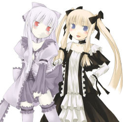 Rule 34 | 00s, 2girls, :d, alternate costume, black dress, blonde hair, blue eyes, blush, breasts, bridal garter, choker, cleavage, collarbone, dress, frills, frown, long hair, long sleeves, looking at viewer, multiple girls, open mouth, purple dress, red eyes, rozen maiden, shinku, silver hair, simple background, small breasts, smile, standing, suigintou, tears, thighhighs, very long hair, wavy mouth, white background