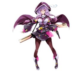 Rule 34 | 1girl, belt, breasts, denizen tomo, full body, glasses, gun, highres, hood, long hair, original, pantyhose, pink eyes, purple hair, shoes, skirt, solo, standing, twintails, weapon, white background