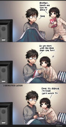 Rule 34 | 1boy, 1girl, 3koma, :&lt;, artist self-insert, black eyes, black hair, blanket, brother and sister, comic, commentary, controller, english text, glasses, kawacy, original, pajamas, pencil, pillow, real life insert, remote control, siblings, sketch, sketchbook, sleepwear, smile, television