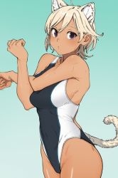Rule 34 | 1girl, animal ears, black one-piece swimsuit, blonde hair, blush, brown eyes, cat ears, cat girl, cat tail, closed mouth, competition swimsuit, cowboy shot, gradient background, green background, kr ohoshisama, looking at viewer, one-piece swimsuit, original, short hair, solo, standing, stretching, swimsuit, tail, wet