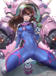 Rule 34 | 1girl, arm support, blowing kiss, bodysuit, breasts, brown hair, cameltoe, cleft of venus, covered erect nipples, covered navel, d.va (overwatch), facial mark, gloves, gtunver, headphones, heart, highres, lips, long hair, looking at viewer, md5 mismatch, mecha, meka (overwatch), overwatch, overwatch 1, pilot suit, purple eyes, revision, robot, skin tight, skindentation, smile, solo, spread legs, squatting, swept bangs, whisker markings