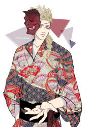 Rule 34 | 1boy, asa no ha (pattern), blonde hair, blue eyes, character name, folding fan, giorno giovanna, hand fan, idachi, japanese clothes, jojo no kimyou na bouken, kimono, looking at viewer, male focus, mask, mask on head, oni mask, simple background, solo, unmoving pattern, vento aureo, white background