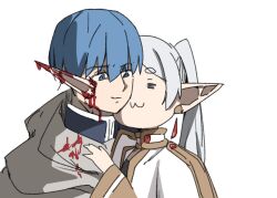 Rule 34 | 1boy, 1girl, :3, = =, blood, blue eyes, blue hair, capelet, closed eyes, closed mouth, earrings, elf, frieren, himmel (sousou no frieren), inconvenient ears, jewelry, long hair, long pointy ears, perutore, pointy ears, short hair, simple background, smile, sousou no frieren, stab, twintails, upper body, white background, white capelet, white hair