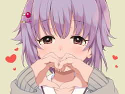 Rule 34 | 1girl, blush, brown eyes, close-up, commentary request, hair flaps, hair ornament, hairclip, heart, heart hands, idolmaster, idolmaster cinderella girls, kirarin369, koshimizu sachiko, looking at viewer, purple hair, short hair, simple background, sleeves past wrists, smile, solo