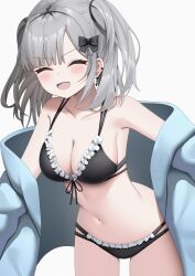Rule 34 | 1girl, bare shoulders, bikini, black bikini, black bow, blue jacket, blush, bow, breasts, cleavage, closed eyes, collarbone, earrings, front-tie bikini top, front-tie top, grey hair, hair bow, hair ornament, highres, jacket, jewelry, kaga sumire, koba (kobako42), looking at viewer, medium breasts, navel, off shoulder, open mouth, short hair, short twintails, smile, solo, swimsuit, thighs, twintails, virtual youtuber, vspo!, white background