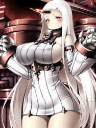 Rule 34 | 10s, 1girl, abyssal ship, areola slip, bare shoulders, blush, breasts, claws, covered erect nipples, cowboy shot, detached sleeves, dress, highres, horns, kantai collection, large breasts, long hair, looking at viewer, open mouth, pale skin, red eyes, ribbed dress, seaport princess, short dress, sideboob, single horn, solo, tsukumiya amane, very long hair, white hair