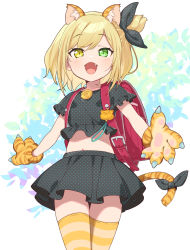 Rule 34 | 1girl, :d, animal ear fluff, animal ears, animal hands, backpack, bag, black ribbon, black shirt, black skirt, blonde hair, brown gloves, collarbone, commentary request, crime prevention buzzer, crop top, fang, gloves, green eyes, hair bun, hair ribbon, heterochromia, highres, ibara muan, indie virtual youtuber, jigatei (omijin), looking at viewer, midriff, navel, open mouth, paw gloves, pleated skirt, polka dot, polka dot ribbon, polka dot shirt, polka dot skirt, randoseru, ribbon, shirt, short sleeves, single side bun, skirt, smile, solo, striped clothes, striped thighhighs, tail, tail ornament, tail ribbon, thighhighs, tiger ears, tiger girl, tiger tail, unmoving pattern, virtual youtuber, white background, yellow eyes