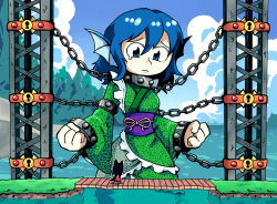 Rule 34 | 2girls, black hair, blue eyes, blue hair, chain, clenched hands, cloud, commentary, cuffs, day, english commentary, fins, flying sweatdrops, forest, giant, giantess, giga mermaid, green kimono, head fins, imaizumi kagerou, japanese clothes, kimono, looking down, multiple girls, nature, obi, outdoors, parody, sad, sash, setz, shantae (series), tears, touhou, wakasagihime, water surface