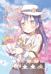 Rule 34 | alternate hairstyle, bag, birthday, blue hair, blush, bouquet, braid, character name, closed mouth, commentary request, cowboy shot, dated, dress, flower, hair between eyes, happy birthday, hat, holding, holding bouquet, jewelry, kosaka honoka, long hair, long sleeves, looking at viewer, love live!, love live! school idol festival, love live! school idol project, minami kotori, necklace, petals, shijimi kozou, smile, solo focus, sonoda umi, yellow eyes