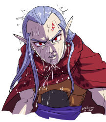 Rule 34 | 1boy, absurdres, anger vein, artist name, black shirt, blue eyes, chest harness, chrono trigger, clenched teeth, cloak, cropped torso, dated, furrowed brow, hair slicked back, harness, highres, long hair, looking at viewer, magus (chrono trigger), male focus, parted lips, pointy ears, red cloak, red eyes, shikiwo, shirt, sidelocks, sleeveless, sleeveless shirt, slit pupils, solo, teeth, upper body, wet, widow&#039;s peak