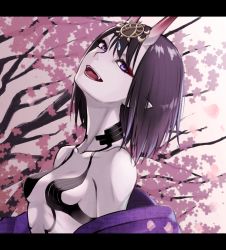 Rule 34 | 1girl, bob cut, breasts, carrot room, cherry blossoms, eyeliner, fangs, fate/grand order, fate (series), head tilt, headpiece, highres, horns, japanese clothes, kimono, looking at viewer, makeup, oni, open clothes, open kimono, open mouth, purple eyes, purple hair, purple kimono, revealing clothes, short hair, shuten douji (fate), skin-covered horns, small breasts, smile, solo, tree