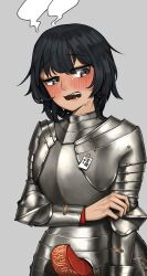Rule 34 | 1girl, absurdres, andou (girls und panzer), armor, black hair, blush, breastplate, codpiece, embarrassed, girls und panzer, grey background, grey eyes, highres, knight, looking away, open mouth, pauldrons, pzkpfwi, short hair, shoulder armor, simple background, solo, translation request, upper body