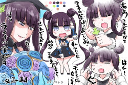 Rule 34 | 1girl, :d, = =, bare shoulders, black dress, blue eyes, blue flower, blue rose, blush, blush stickers, chibi, closed eyes, color guide, commentary request, double bun, dress, fang, fate/grand order, fate (series), flower, fur trim, hair bun, hair rings, highres, holding, index finger raised, long hair, multiple views, neon-tetora, open mouth, purple flower, purple hair, purple rose, rose, sleeveless, sleeveless dress, smile, square mouth, sweat, twintails, v-shaped eyebrows, very long hair, yang guifei (fate), yang guifei (first ascension) (fate), yang guifei (third ascension) (fate)
