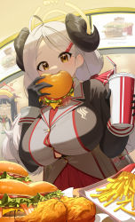 Rule 34 | 2girls, absurdres, ahoge, bexercube, black gloves, black hair, black shirt, blue archive, breasts, brown eyes, burger, cup, curled horns, disposable cup, drinking straw, eating, food, food in mouth, french fries, fuuka (blue archive), gloves, grey hair, hair behind ear, hair ornament, hairclip, halo, high-waist skirt, highres, holding, holding cup, holding food, horns, indoors, izumi (blue archive), large breasts, long hair, long sleeves, multiple girls, parted bangs, red skirt, shirt, skirt, solo focus, twintails