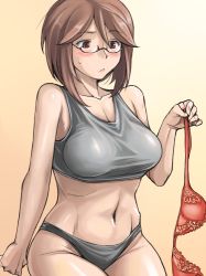 Rule 34 | 00s, 1girl, :&lt;, bespectacled, blush, bra, breasts, brown hair, glasses, holding, holding bra, holding clothes, holding underwear, lace, lace bra, large breasts, lingerie, navel, nervous, aged up, panties, red eyes, rozen maiden, shirt, short hair, solo, souseiseki, sweatdrop, tank top, taut clothes, taut shirt, tsuda nanafushi, underwear, underwear only