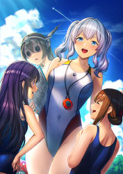 Rule 34 | 4girls, @ @, abyssal ship, akatsuki (kancolle), anchor symbol, black hair, blue eyes, blue one-piece swimsuit, blush, breasts, brown hair, cloud, collarbone, commentary request, competition swimsuit, day, enemy lifebuoy (kancolle), closed eyes, folded ponytail, hair between eyes, headgear, inazuma (kancolle), kantai collection, kashima (kancolle), large breasts, long hair, multiple girls, nagato (kancolle), one-piece swimsuit, open mouth, purple eyes, purple hair, school swimsuit, shaded face, short hair, silver hair, sky, smile, swimsuit, twintails, unowen
