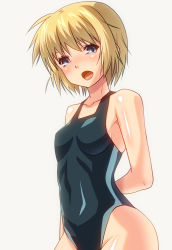 Rule 34 | 1girl, bad id, bad pixiv id, blonde hair, blue eyes, competition swimsuit, latex, okina ika, one-piece swimsuit, open mouth, short hair, simple background, solo, swimsuit