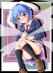 Rule 34 | 1girl, alternate hair length, alternate hairstyle, animal ears, ass, black border, black jacket, black socks, blazer, blue hair, blush, border, breasts, brown footwear, commentary request, convenient leg, cosplay, crescent, crescent pin, feet out of frame, highres, jacket, kneehighs, loafers, long sleeves, looking at viewer, medium breasts, miniskirt, necktie, nose blush, oshiaki, outline, outside border, purple skirt, rabbit ears, red eyes, red necktie, reisen, shawl, shirt, shoes, short hair, silhouette, skirt, smile, socks, solo, thighs, touhou, white outline, white shirt
