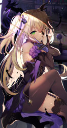 Rule 34 | 1girl, absurdres, abusoru, bare shoulders, bird, black nails, black ribbon, blonde hair, blush, bridal gauntlets, brown thighhighs, crossed legs, crow, eyepatch, fischl (genshin impact), garter straps, genshin impact, gloves, green eyes, hair ribbon, highres, indoors, long hair, looking at viewer, nail polish, one eye covered, parted lips, purple gloves, ribbon, single glove, single thighhigh, sitting, solo, thighhighs, two side up, vase, very long hair