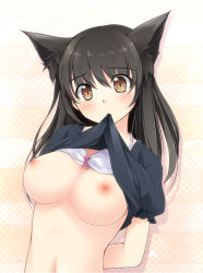 Rule 34 | 1girl, animal ears, arms behind back, black hair, blush, bow, bow bra, bra, bra lift, breasts, brown eyes, cat ears, clothes lift, highres, kazakura, large breasts, lingerie, mouth hold, navel, nipples, original, polka dot, polka dot background, shirt lift, solo, striped, striped background, sweat, underwear, upper body, white bra