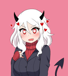 Rule 34 | 1girl, black horns, black suit, blush, breasts, demon girl, demon horns, demon tail, drooling, formal, heart, heart-shaped pupils, helltaker, highres, horns, large breasts, long sleeves, looking at viewer, modeus (helltaker), mouth drool, pink background, red eyes, red sweater, shirt, short hair, simple background, sleeves past wrists, solo, suit, sweater, symbol-shaped pupils, tail, the only shoe, turtleneck, v-shaped eyebrows, white hair