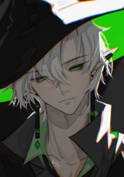 Rule 34 | 1boy, bishounen, chromatic aberration, collared shirt, earrings, green eyes, grey hair, hat, highres, jewelry, kaiyijiu422, male focus, mischief witch, mole, mole under mouth, pointy ears, shirt, short hair, sky, sky: children of the light, solo, stud earrings, tassel, tassel earrings, white hair, witch hat