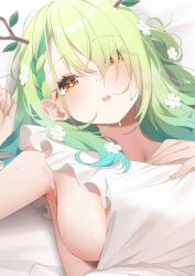 Rule 34 | 1girl, apron, armpits, blush, braid, braided bangs, breasts, ceres fauna, cropped, deyui, fingernails, flower, green hair, green nails, hair branch, hair flower, hair ornament, hair over one eye, highres, hololive, hololive english, large breasts, looking at viewer, lying, nail polish, naked apron, on back, open mouth, paid reward available, sideboob, solo, virtual youtuber, white apron, white flower, yellow eyes