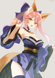Rule 34 | 1girl, animal ear fluff, animal ears, bare shoulders, blue kimono, blush, breasts, cleavage, fate/extra, fate (series), fox ears, fox girl, fox tail, highres, japanese clothes, kimono, large breasts, long hair, long sleeves, looking at viewer, pink hair, revision, tail, tamamo (fate), tamamo no mae (fate/extra), wide sleeves, yellow eyes, zenshin
