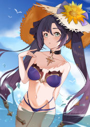 Rule 34 | 1girl, absurdres, adapted costume, aqua eyes, arm behind back, bare arms, bare shoulders, bikini, black choker, blue bikini, blue sky, blurry, breasts, brown hat, choker, cloud, collarbone, day, flower, genshin impact, hand up, hat, hat flower, highres, kemile, long hair, looking at viewer, medium breasts, mona (genshin impact), multi-strapped bikini, navel, ocean, outdoors, parted lips, purple hair, skindentation, sky, solo, standing, stomach, strapless, strapless bikini, straw hat, string bikini, swimsuit, thighlet, thighs, twintails, very long hair, wading, water