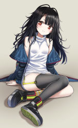Rule 34 | 1girl, arm support, asymmetrical legwear, bare shoulders, black footwear, black hair, black thighhighs, blue jacket, blush, breasts, c-ms (girls&#039; frontline), dress, full-length zipper, garter straps, girls&#039; frontline, grey background, head tilt, high collar, highres, jacket, long hair, long sleeves, looking at viewer, messy hair, mole, mole under eye, off shoulder, open clothes, open jacket, red eyes, shoes, short dress, simple background, single thighhigh, sitting, sleeveless, sleeveless dress, small breasts, smile, socks, solo, thighhighs, thighs, uneven legwear, white dress, yakob labo, yellow socks, zipper