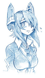 Rule 34 | 10s, 1girl, 3:, alternate hairstyle, bbb (friskuser), blue theme, blush, breasts, eyepatch, flying sweatdrops, hair over one eye, headgear, kantai collection, large breasts, looking at viewer, monochrome, necktie, school uniform, shirt, short hair, simple background, sketch, solo, sweater, tenryuu (kancolle), traditional media, white background