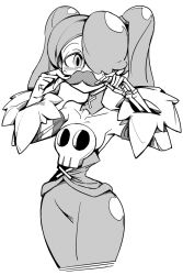 Rule 34 | 1girl, blush, detached collar, detached sleeves, dress, fake facial hair, fake mustache, greyscale, hair over one eye, inarou (rakugakiproject), monochrome, skull, skullgirls, solo, squigly (skullgirls), stitched mouth, stitches, twintails, zombie