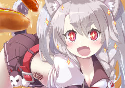 Rule 34 | + +, 1girl, :d, animal ear fluff, animal ears, azur lane, belt, belt buckle, black skirt, blush, braid, breasts, buckle, cleavage, collarbone, commentary request, crop top, fang, food, grey hair, hair between eyes, highres, hot dog, hot dog bun, ketchup, krono tokage, long hair, looking at viewer, medium breasts, miniskirt, mustard, open mouth, pleated skirt, puffy sleeves, red belt, red eyes, sausage, short eyebrows, short sleeves, side braid, skirt, smile, solo, sparkle, steam, symbol-shaped pupils, tail, tattoo, thick eyebrows, wolf ears, wolf girl, wolf tail, yuudachi (azur lane)
