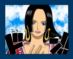 Rule 34 | 1girl, amazon lily, black hair, boa hancock, cloud, earrings, female focus, highres, jacket, jewelry, one piece, outdoors, sky, solo