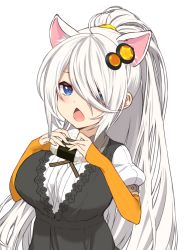 Rule 34 | 1girl, alternate hairstyle, animal ear fluff, animal ears, black dress, blue eyes, blush, breasts, cat ears, chestnut mouth, commentary request, detached sleeves, dress, food, hair ornament, hair over one eye, holding, holding food, kemonomimi mode, kizuna akari, large breasts, long hair, long sleeves, looking at viewer, onigiri, open mouth, orange sleeves, shirt, silver hair, solo, star (symbol), straight hair, striped sleeves, very long hair, vocaloid, voiceroid, white shirt, yappen