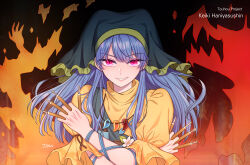 Rule 34 | 1girl, blue hair, character name, commentary, copyright name, dress, english commentary, fire, flower, green headwear, grin, haniyasushin keiki, head scarf, highres, holding tool, jewelry, jyan (jyan0209), long hair, looking at viewer, magatama, magatama necklace, necklace, pink eyes, short sleeves, smile, solo, tools, touhou, yellow dress