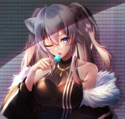 Rule 34 | 1girl, animal ears, black nails, breasts, candy, cleavage, food, fur-trimmed jacket, fur trim, grey hair, highres, hololive, jacket, kmes niku, large breasts, light particles, lion ears, lollipop, long hair, nail polish, one eye closed, see-through, see-through cleavage, shishiro botan, shishiro botan (1st costume), solo, virtual youtuber