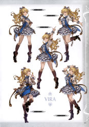 Rule 34 | 10s, 1girl, absurdres, armpits, arms up, blonde hair, boots, brown legwear, character name, detached sleeves, dress, granblue fantasy, hand on own hip, high heel boots, high heels, highres, holding, layered skirt, leg up, long hair, looking at viewer, looking back, microphone, minaba hideo, multiple views, non-web source, official art, open mouth, ponytail, puffy sleeves, red eyes, scan, short dress, simple background, skirt, vira (granblue fantasy), white background, wrist cuffs