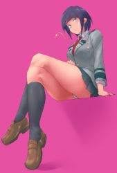 Rule 34 | 10s, 1girl, arm at side, arm support, audio jack, black hair, black socks, blazer, blush, boku no hero academia, breasts, brown footwear, buttons, closed mouth, collared shirt, crossed legs, dress shirt, eyelashes, from below, from side, frown, full body, grey jacket, hand on own thigh, highres, jacket, jirou kyouka, kneehighs, large breasts, legs, loafers, long sleeves, looking at viewer, minakami (flyingman555), miniskirt, necktie, panties, pantyshot, pink background, pleated skirt, red necktie, school uniform, shirt, shoes, short hair, simple background, sitting, skirt, socks, solo, underwear, upskirt, white panties, white shirt